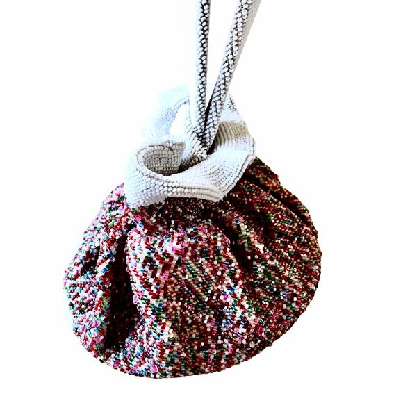 Vintage BEADED Drawstring Wrist Pouch Bag Flapper Art Deco Small - Picture 11 of 13